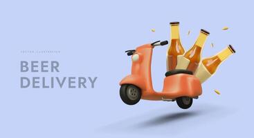 Courier delivery of fresh beer. Orders express transportation. Motor scooter carries beer bottles vector