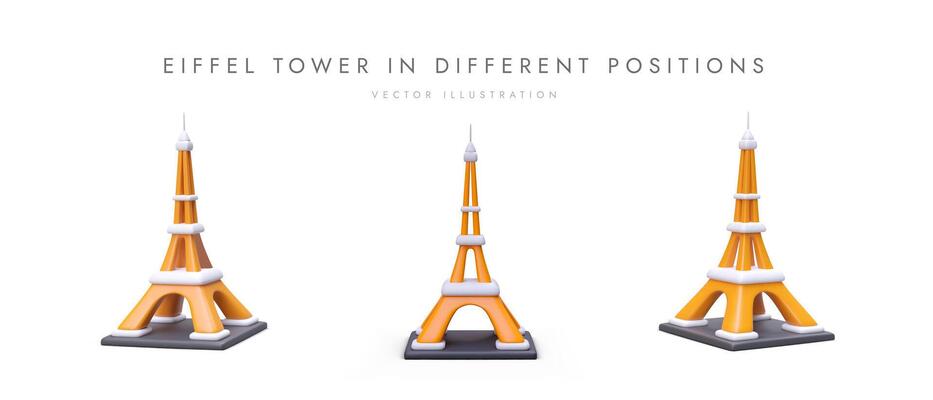 Set of cartoon realistic 3d Eiffel Tower in different positions. Discover France, Paris concept