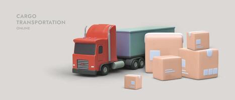 Cartoon 3d realistic track standing near pig parcels. Fast cargo transportation concept vector