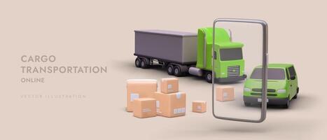 3d smartphone, green truck, parcels and car. Online order of fast goods delivery via mobile phone vector
