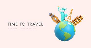 Globe with famous world sights. Big Ben, Eiffel Tower, Statue of Liberty and Leaning Tower of Pisa vector