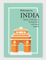 Welcome to India. Best examples of Arab and Persian culture. Card template with realistic India Gate vector