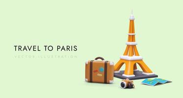 Vacation in Paris. Trip to France. Template with 3D Eiffel Tower, suitcase, camera, map vector