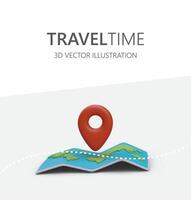 Time to travel. 3D map with bend marks. Red geotag indicates place of arrival vector