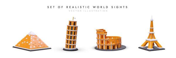 conjunto de realista arquitectónico monumentos de mundo. colección de 3d íconos con oscuridad vector