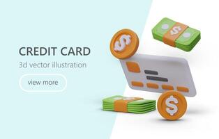 Web page with realistic 3d credit card, coins and banknotes. Online banking, get credit card concept vector