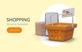 Landing page with 3d realistic orange basket, box and smartphone vector