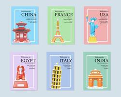 Large set of tourist posters with 3D elements. Symbols of architecture of different countries vector