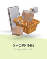 Vertical web page with orange basket, box and smartphone vector