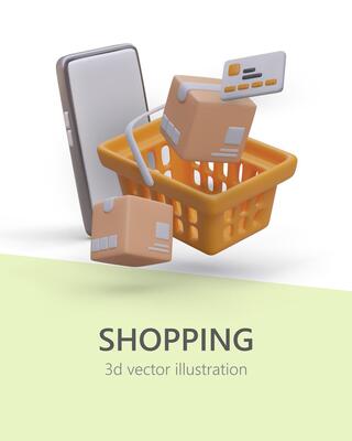 Vertical web page with orange basket, box and smartphone