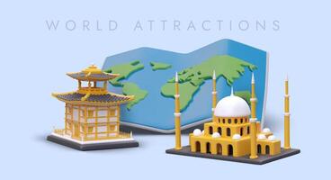 Prominent world landmarks on background of 3D world map. Samples of beautiful oriental architecture vector