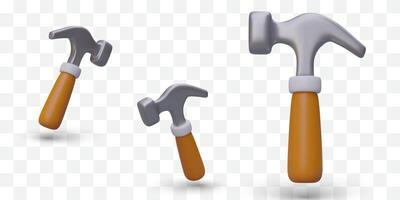 Set of 3D metal hammers with wooden handle. Traditional hand tool for repair, construction vector