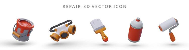 Set of 3D construction tools icons. Vector colored realistic images