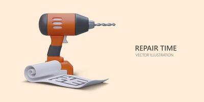 Repair time. Template with electric drill and floor plan vector