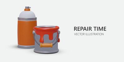 Realistic 3d spray paint and bucket. Repair time and painting tools concept vector