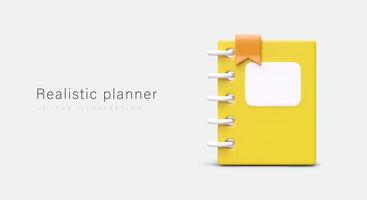 Realistic planner with yellow cover. Notebook with spine spring and bookmark vector