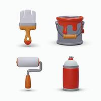 3d bucket with red paint, roller, brush and spray paint. Collection with instruments for website vector