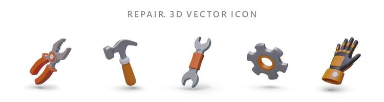 Collection of 3D tools on white background. Vector volumetric icons