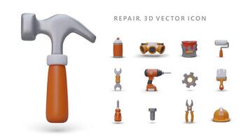 Big set of 3D tools icons. Construction, repair, painting works. Color tools for professional use vector