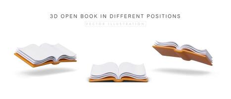 3D open book in different positions on white background. Set of book icons, side, top, bottom view vector