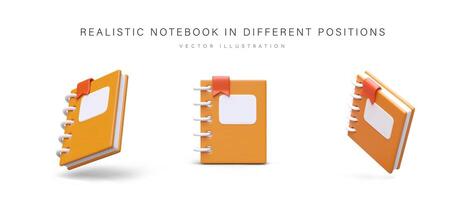 Realistic notebook in different positions. 3D planner with spring and bright bookmark vector