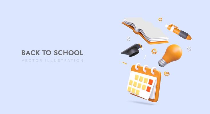 Back to school concept. 3d realistic calendar, bulb, open book, pen and academic hat