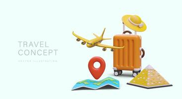 Travel concept with colorful realistic figures. Symbols of travel and rest vector