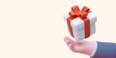 Giveaway. 3D hand holding gift box tied with ribbon. Bonus for fulfilling conditions of promotion vector