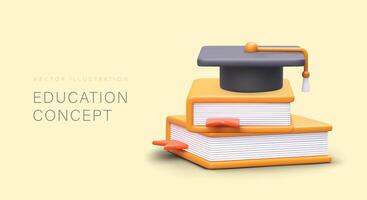 Educational concept. Stack of books with graduate hat. Poster with 3D illustration vector