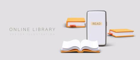 3d realista libros y móvil teléfono. web póster para en línea biblioteca vector