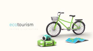 Vector concept of ecotourism. 3D bicycle, camera, map, suitcase