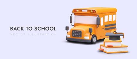 Back to school. Color poster with 3D yellow bus, stack of books vector