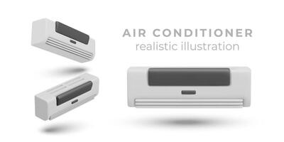 Wall air conditioner, front, top, bottom view. Vector 3D objects with shadows