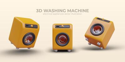 Yellow washing machine, static and dynamic position. Realistic illustrations with shadows vector