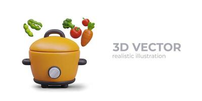 Realistic slow cooker, fresh vegetables. Electrical equipment for cooking at home vector