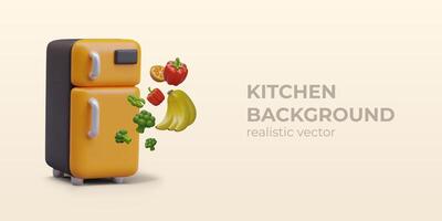 Yellow 3D refrigerator, fresh vegetables, fruits. Commercial concept in cartoon style vector