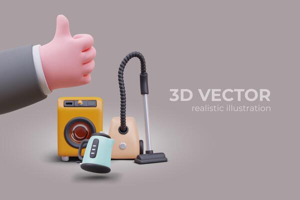 Concept of high quality household appliances. Realistic hand showing thumb up