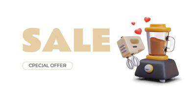 Sale concept, special offer. Realistic blender, mixer, hearts vector