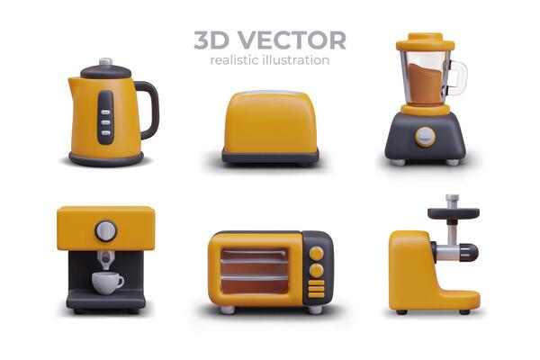 Realistic kettle, toaster, blender, coffee maker, microwave oven, juicer