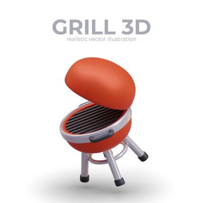 3D round barbeque grill on white background. Kitchen device for frying meat, fish and vegetables