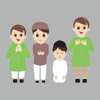 Set of muslim boy cartoon character for ramadan. Cute cartoon muslim boy. Set of kid muslim people doing activities. Vector illustration.