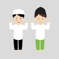 Happy muslim boy cartoon character vector. Muslim boy praying, Little muslim kid different pose and feel peace. vector