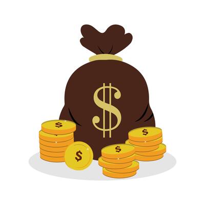 A money bag and pile of gold coins, money with a dollar sign. Representing wealth and financial succes. Flat vector illustration.