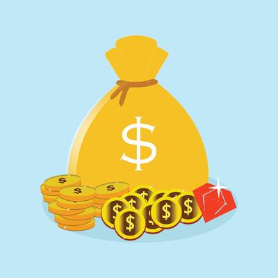A money bag and pile of gold coins, money with a dollar sign. Representing wealth and financial succes. Flat vector illustration.