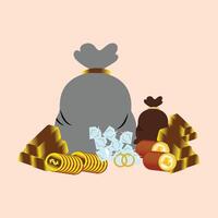 Money bag with money, coin and gold bar. Stack of shiny gold bars or ingots and money bag with coins. Business concept. Icon for web, games, apps. Vector illustration.