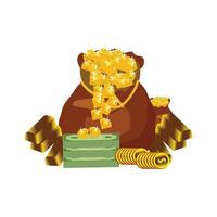 Money bag with money, coin and gold bar. Stack of shiny gold bars or ingots and money bag with coins. Business concept. Icon for web, games, apps. Vector illustration.