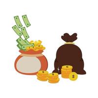 Money bag with money, coin and gold bar. Stack of shiny gold bars or ingots and money bag with coins. Business concept. Icon for web, games, apps. Vector illustration.