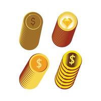 Money bag with money, coin and gold bar. Stack of shiny gold bars or ingots and money bag with coins. Business concept. Icon for web, games, apps. Vector illustration.