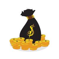 A money bag and pile of gold coins, money with a dollar sign. Representing wealth and financial succes. Flat vector illustration.