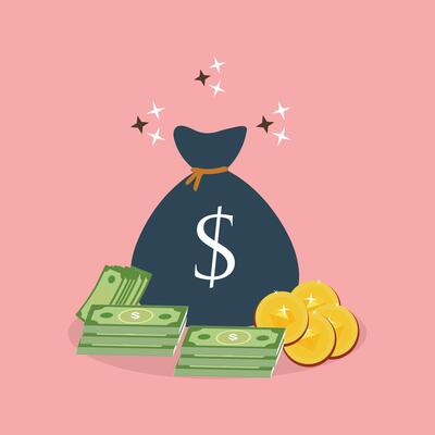 A money bag and pile of gold coins, money with a dollar sign. Representing wealth and financial succes. Flat vector illustration.